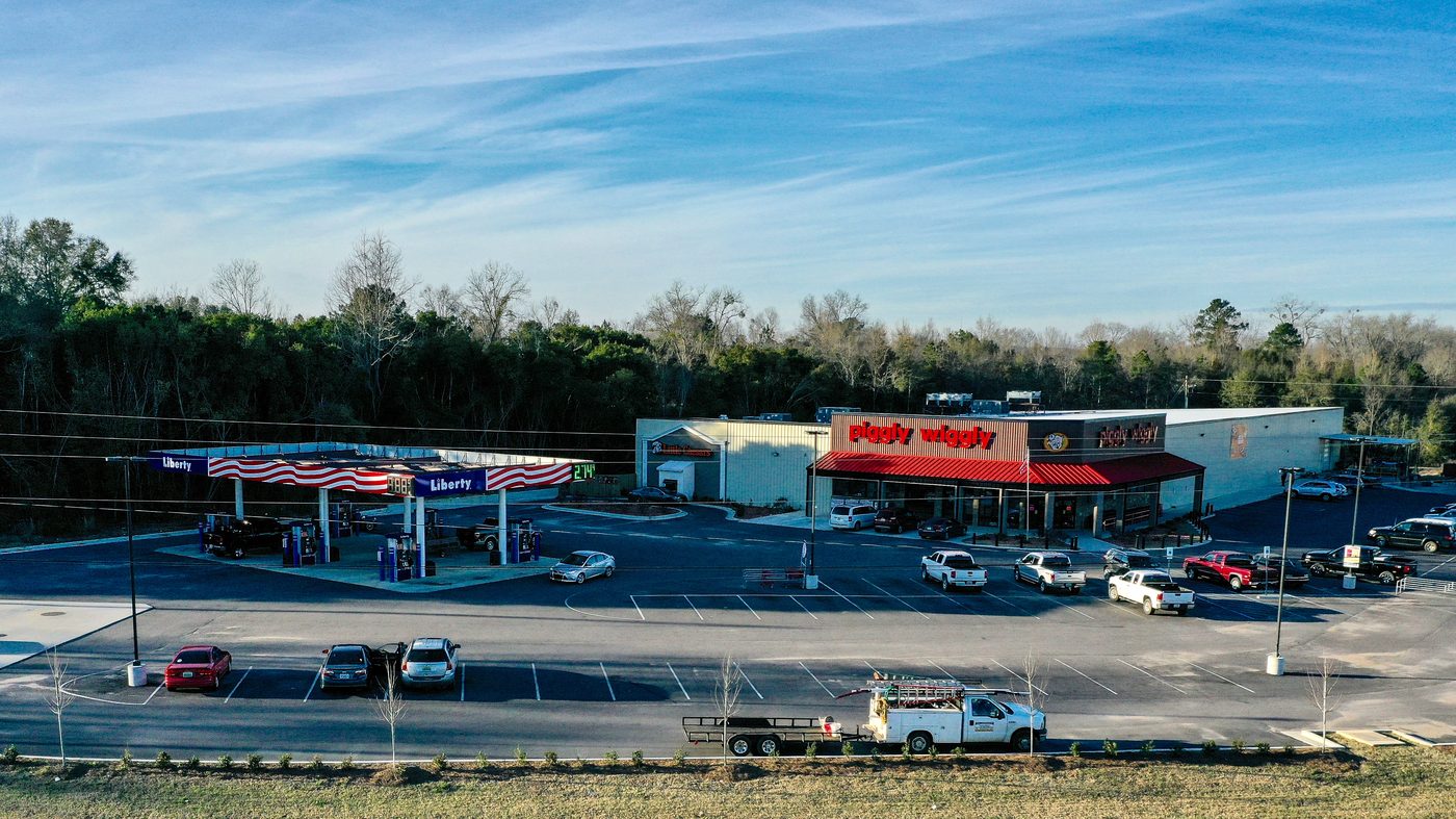 Piggly Wiggly grocery store aerial view — Pine Level, AL